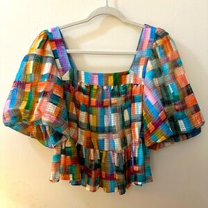 Colorful Linen-Silk Marie Oliver Top - Size XS